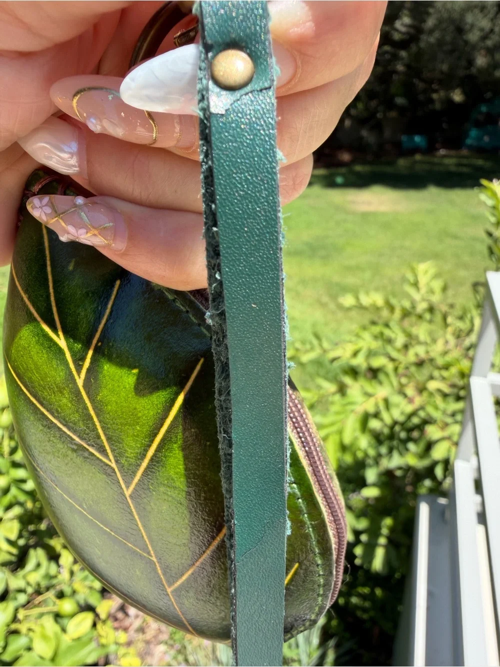 Green Leaf Leather Wristlet with Pink Rose and Orange Bee Accent